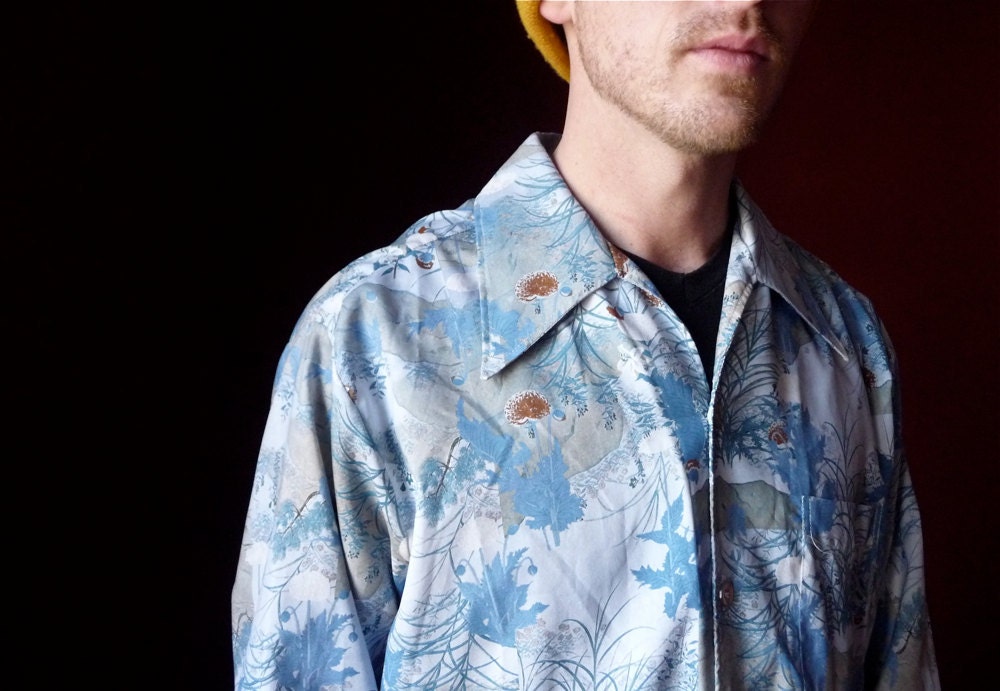 Cowboy Chic - 1970's Men's Powder Blue Button Up Shirt in Landscape