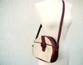 Burgundy Leather / Straw Purse . Vintage Etienne Aigner Original . Handcrafted Bag with Matching Mirror