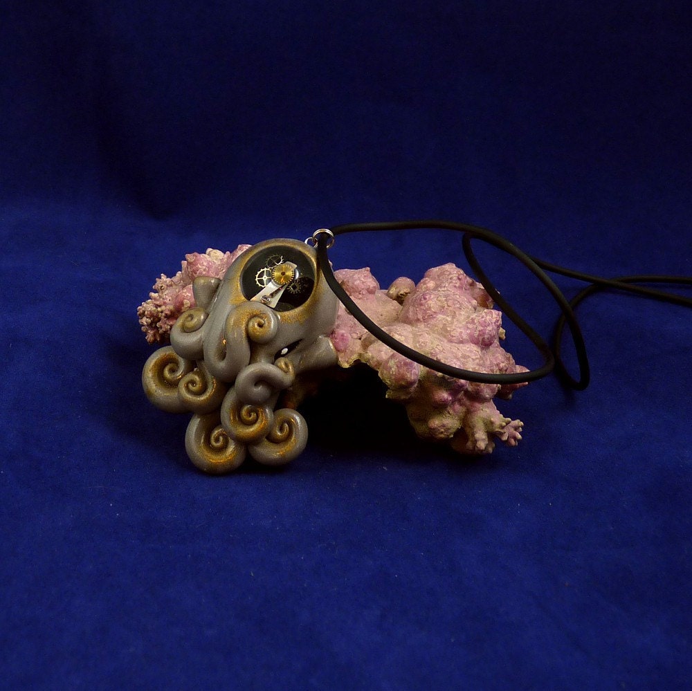 Steampunk Octopus Necklace  -  Polymer Clay Neo-Victorian Cephalopod Jewelry