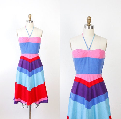 Rainbow Print 1970s Cotton Halter Dress