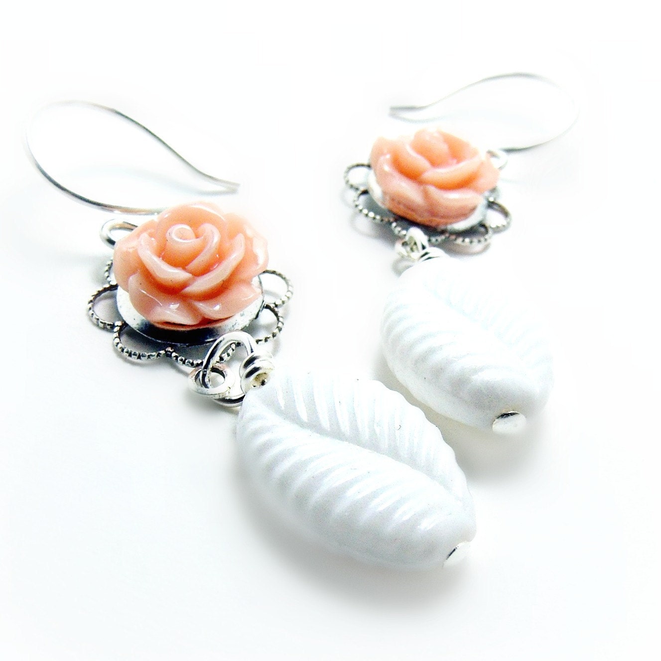 Shabby Chic Milk Glass Earrings w/ Peach Rose- White Earings-Flower Earrings-Flower Jewelry-Valentines Day-Spring Jewlery -Vintage Bead