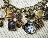 ALL MAD HERE - Alice in Wonderland Altered Art Charm Bracelet - Steampunk Victorian