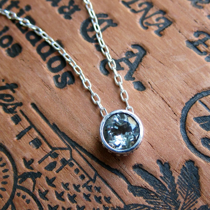 Pale green amethyst solitaire necklace, February birthstone, artisan metalsmith, wrought collection, 16" chain.