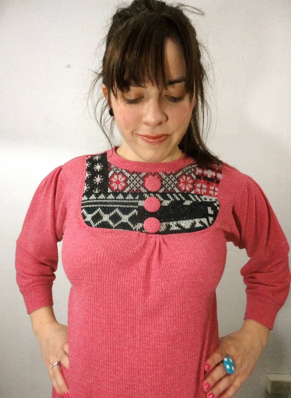 Pink Waffle Jersey Dress with Sleeves and Reclaimed Sweater Bib in Medium// by Nicoles Threads
