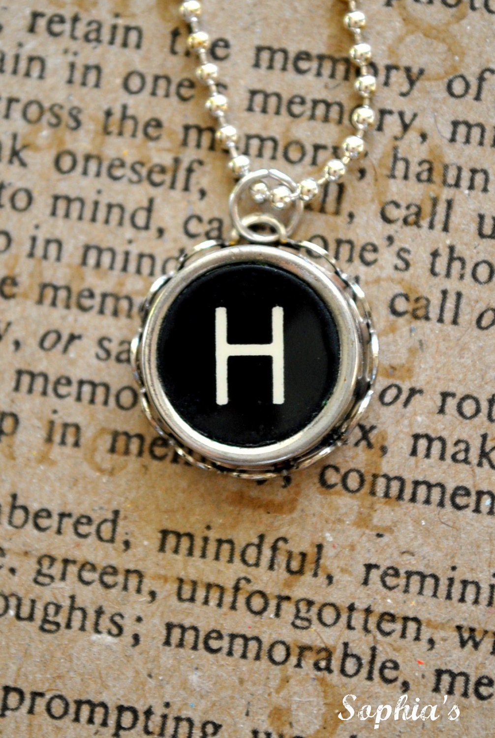 Vintage Typewriter Key Jewelry Necklace - Letter H - Black