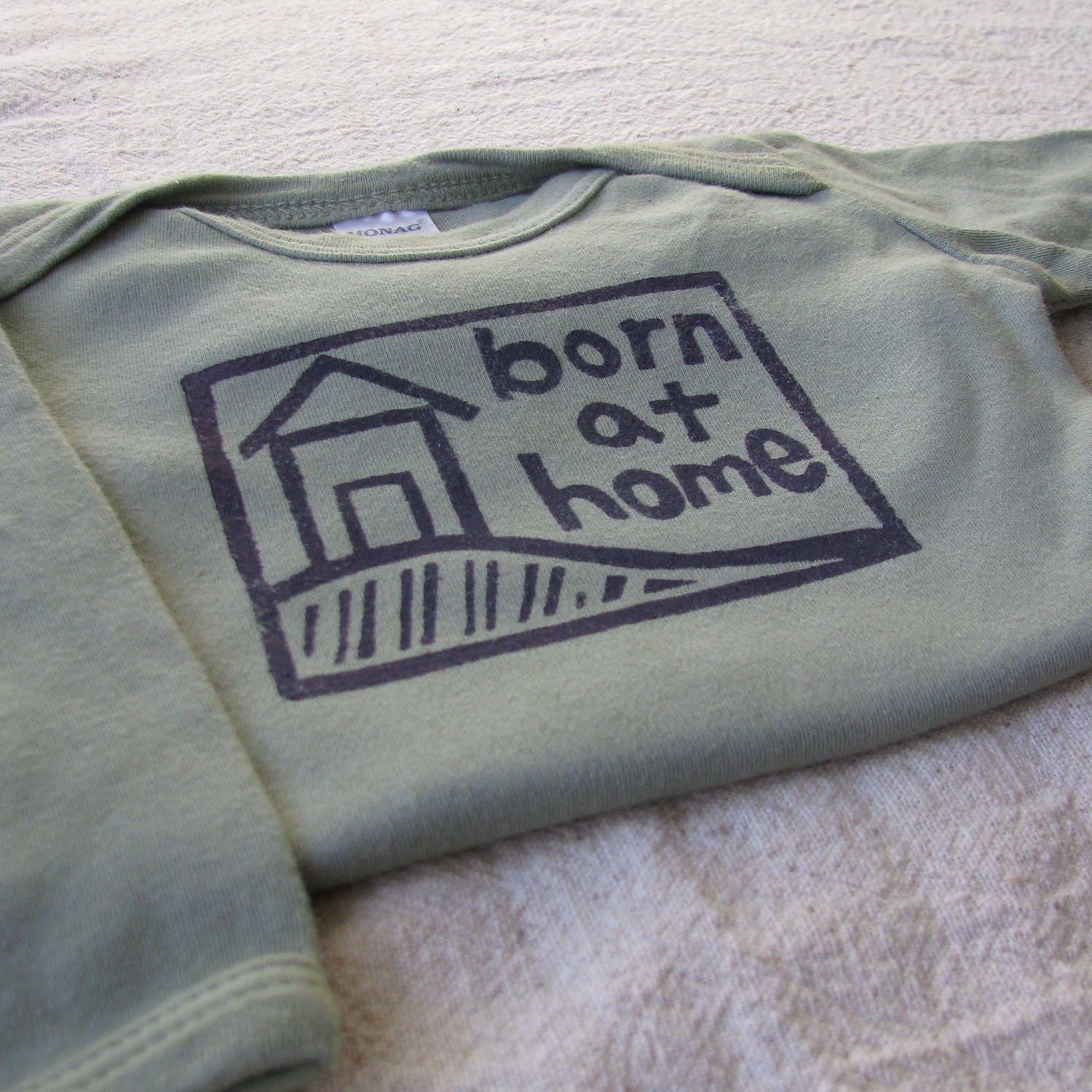 Born at Home Onesie, Homebirth Advocacy Wear, Long Sleeve, Hand-Dyed, Hand-Printed - 0 to 3 Month Size