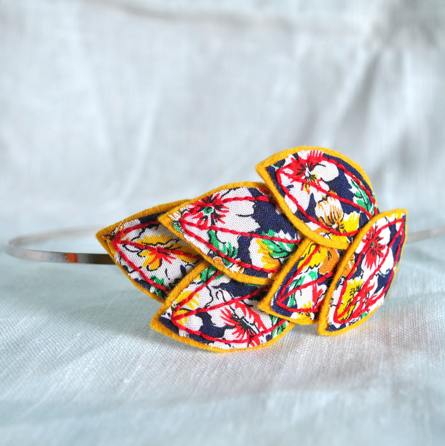 Leaf Headband - Red, Mustard Yellow and Navy Floral Print - Hand Embroidered