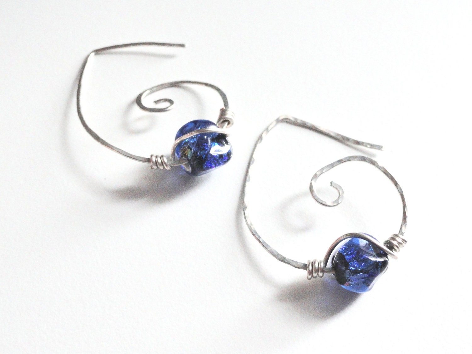 Hammered Sterling Silver Hoops With Blue Dichroic Bead Wire Wrapped
