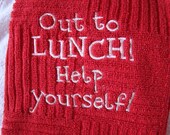 Red kitchen towel  Out to Lunch embroidered