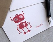 Robot Geekery Letterpress Folded Note Card Set Modern Cute Illustration Hello Ruby Red, Garnet Red 5 pack (4BHR1)