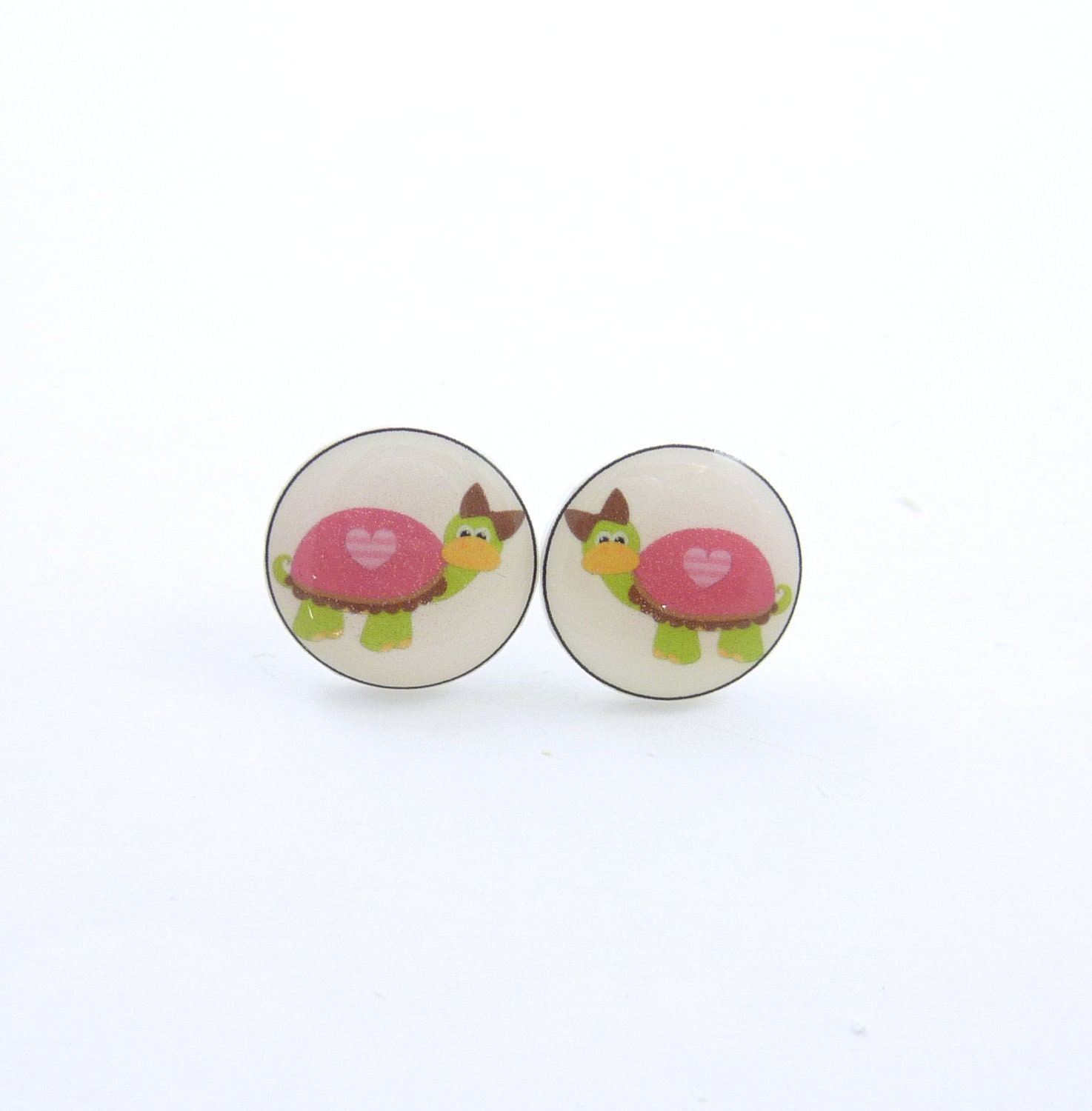 Turtle Earrings.  Resin Earrings.   Pink and Green Turtle Resin Post Earrings.