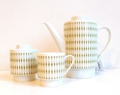 Vintage Melitta Coffee Pot, Sugar and Creamer Set in White and Green, Mod