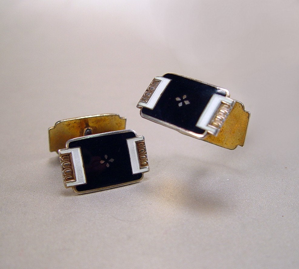 Art Deco Cufflinks Sterling Enamel Aksel Holmsen Norne Norway Vintage 1930s Jewelry