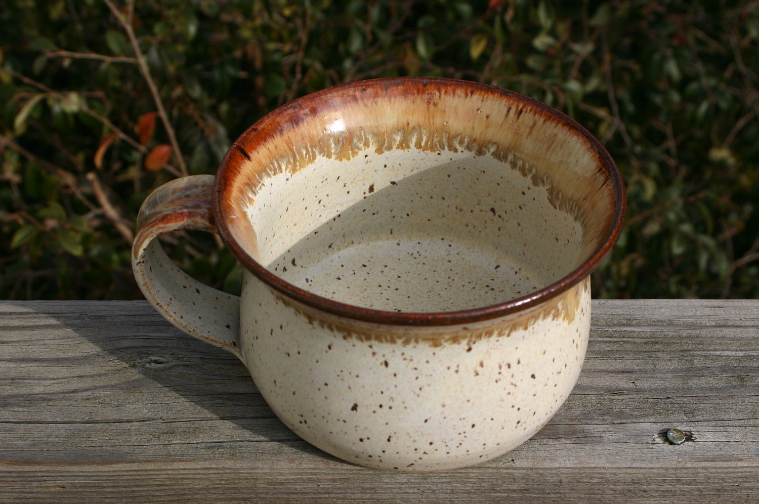 Soup Bowl with Linen Glaze and Brown Rim on Speckled Stoneware Seagrove, NC