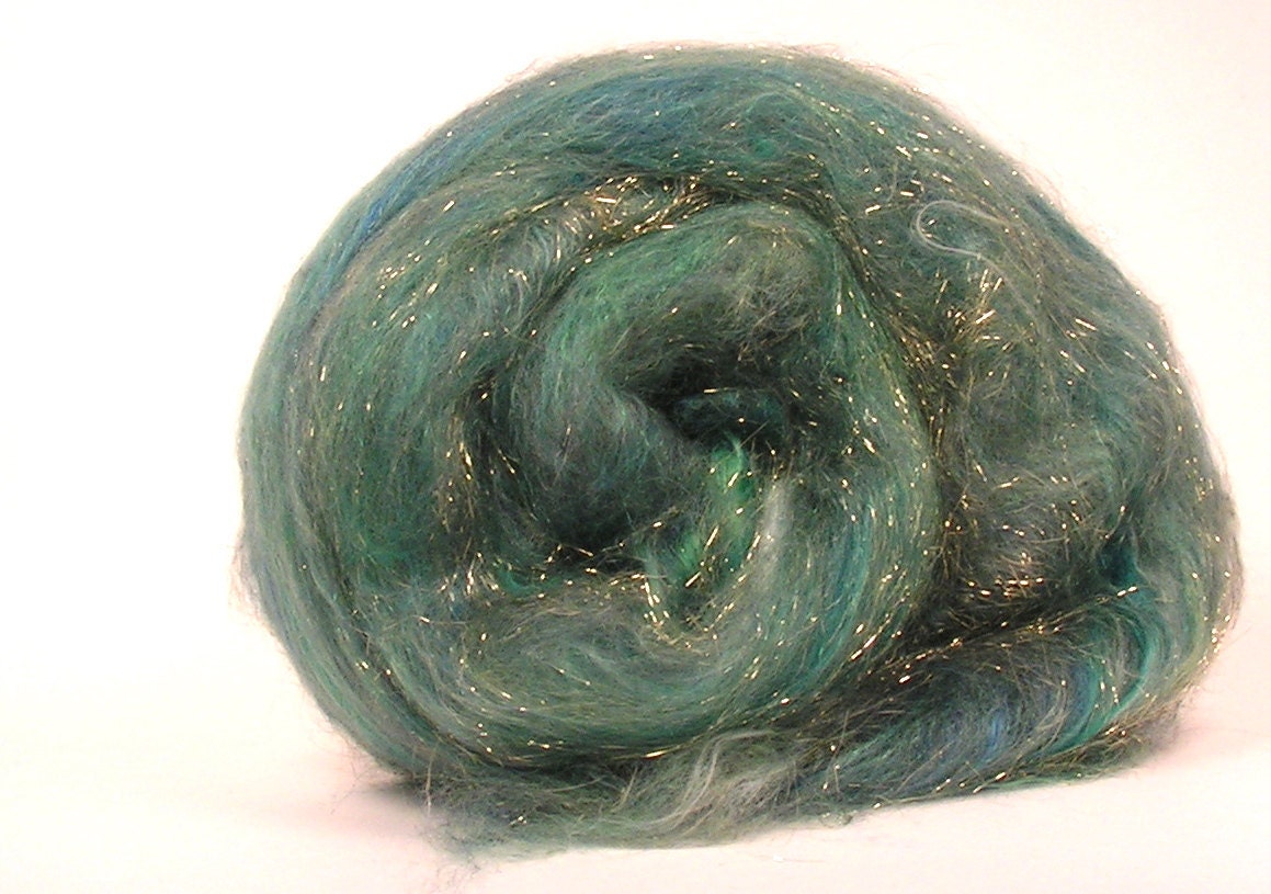 Super Sparkle Sock Batts PEACOCKS PRIDE 4.8 oz  Two Batts Green Yellow Chartreuse Local Merino, Milk Fiber, Firestar, Nylon, Angelina