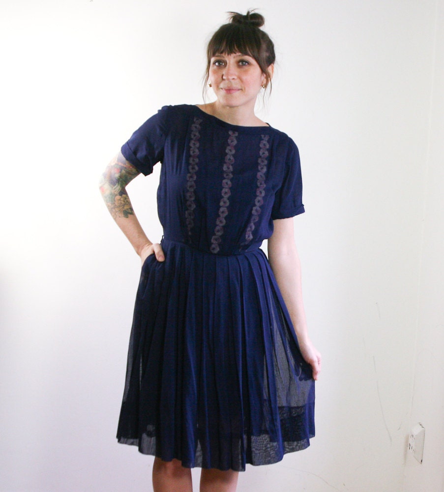 1950s sheer navy blue day dress with hidden floral print / 50s blue dress