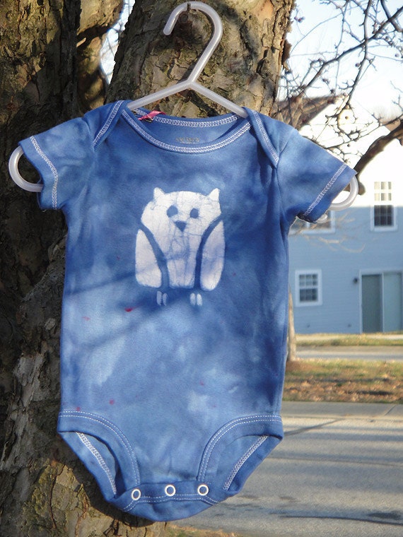Baby Bodysuit: Blue with Batik Owls (3 months) READY TO SHIP