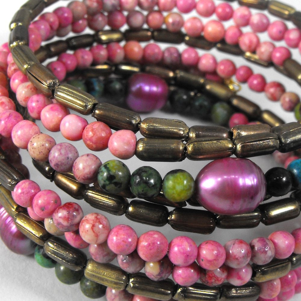 Pink and green and brass wrap bracelet. recycled. eco friendly. one of a kind.