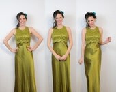 Vivid Olive Green Formal Gown Vintage 80s Dress Shimmer Small