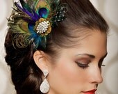 Royal Blue Peacock Hair Clip Bridal Head Piece Peacock Feather Fascinator Wedding Hairpiece Sapphire Vintage - Made to Order - JOSEPHINE LUX