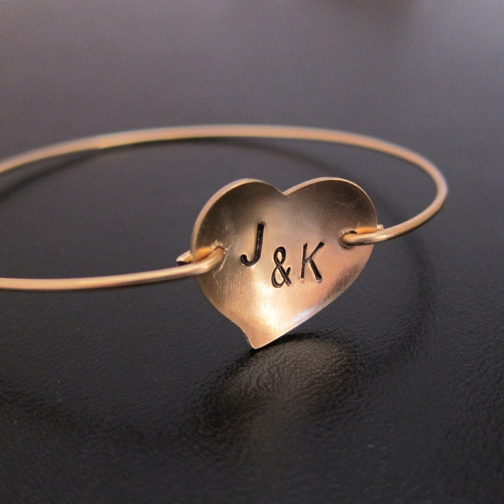 Personalized Custom Initial Heart Bangle Bracelet - Gold