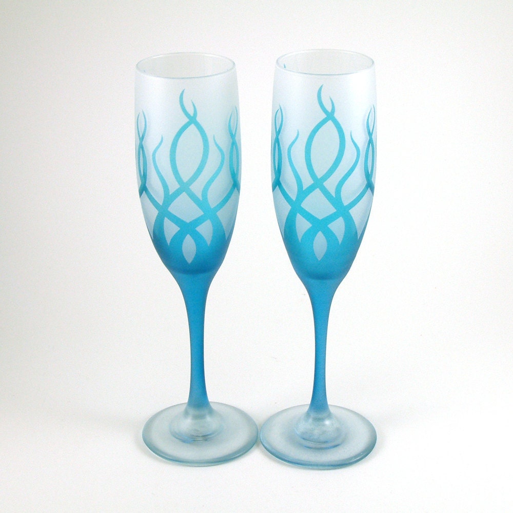 Champagne Flutes - Etched and Painted - Strands design - Turquoise Frost