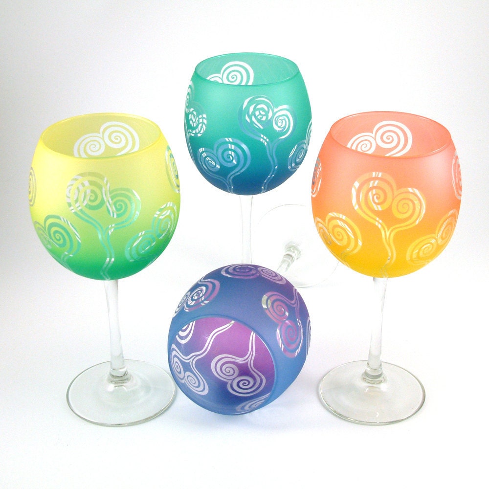 Wine Glasses - Spiral Hearts - Set of 4 - Etched and Painted Glassware