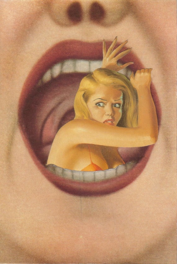 Giant Mouth Strange Surreal Collage Art Woman in Danger