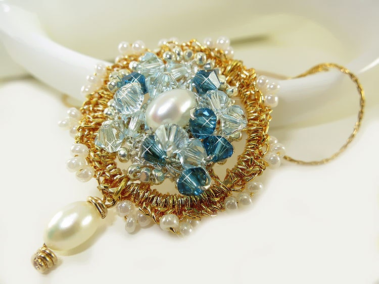 Silver Crochet Gold Crochet Lace Pendant-Wedding Pearl-Crystal Bridal Pendant Chandelier-Gold Plated Chain Pendant Sultana Mehranda