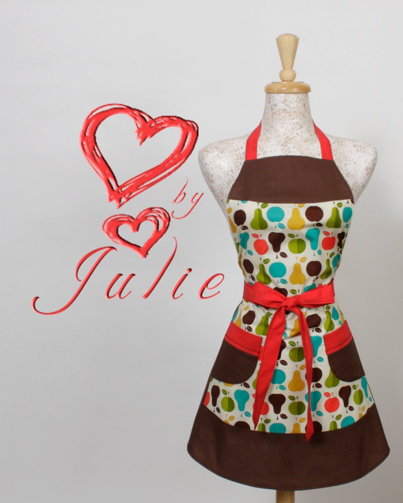 Retro Fruit Apron, apples and pears brown greens yellow red turquoise