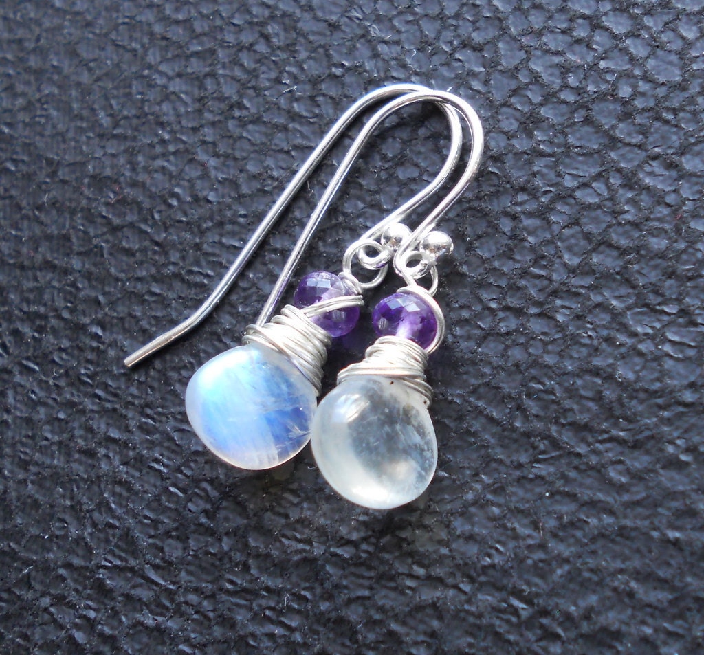 Rainbow Moonstone and Amethyst Earrings Sterling Silver Wire Wrapped February Birthstone June Birthstone