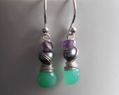 Chrysoprase, Freshwater Pearl and Amethyst Earrings Sterling Silver WIred Wrapped