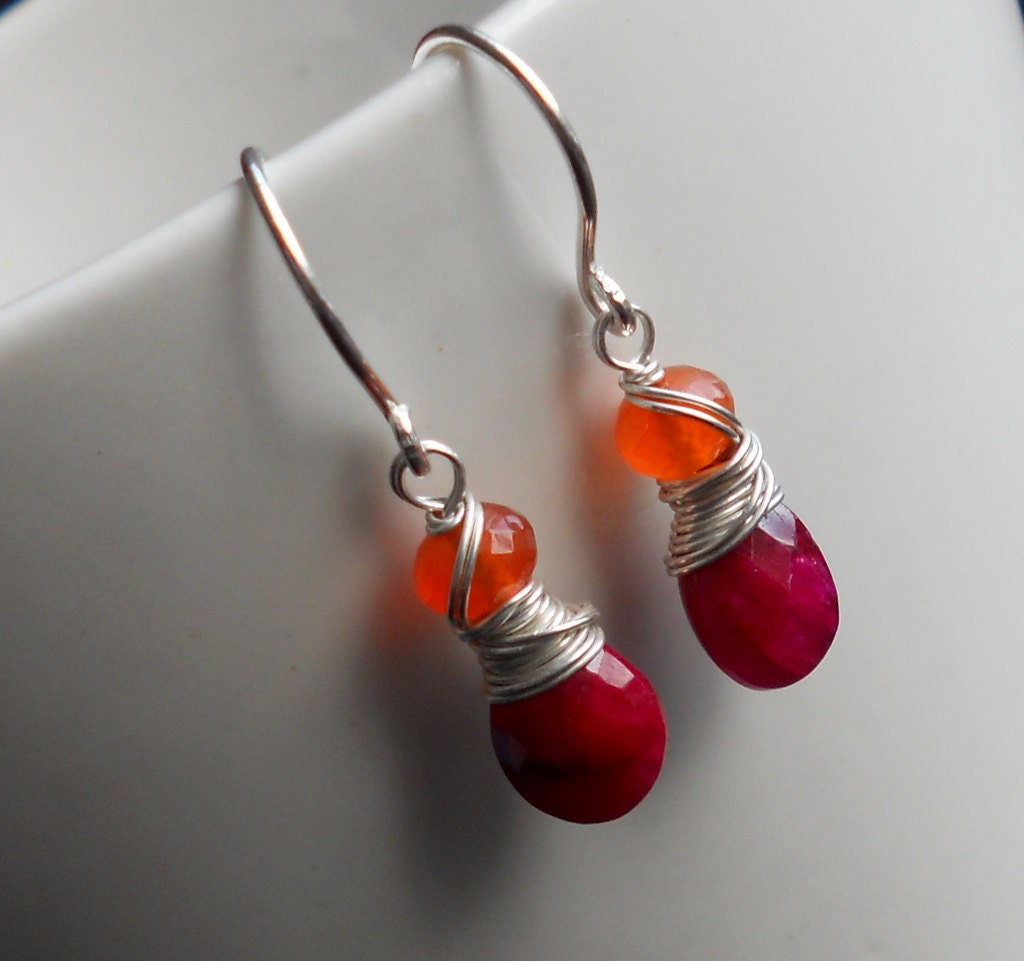 Ruby and Carnelian Earrings Sterling Silver WIred Wrapped July Birthstone