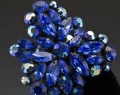 Deep Blue Regency Vintage Rhinestone Brooch and Earrings