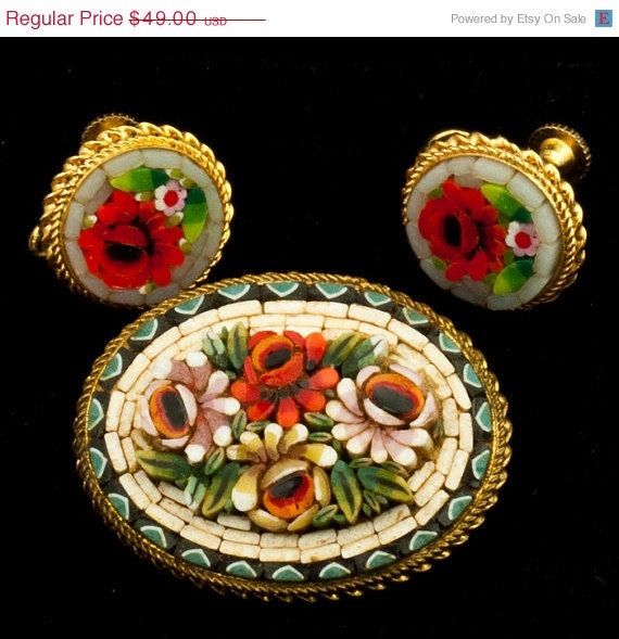 Italian Mosaic Brooch and Earrings