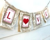 Burlap Lace LOVE Wedding Banner, Valentines Red & White, Custom Colors Available
