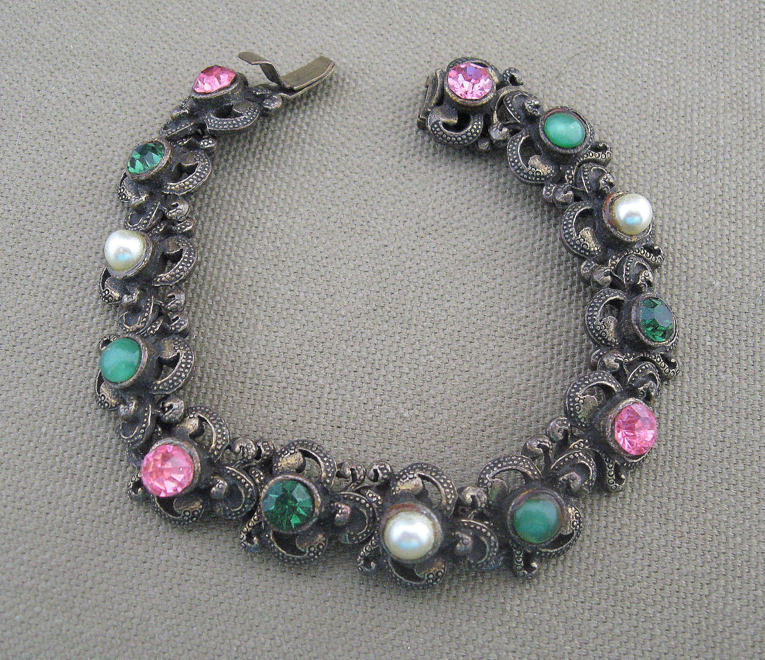 Vintage Rhinestone Bracelet Pink Green Hollycraft Style