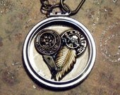 TRAPPED: HEART - Steampunk Victorian Vintage Pocket Watch, Brass Feather Necklace - Valentine Love - OOAK