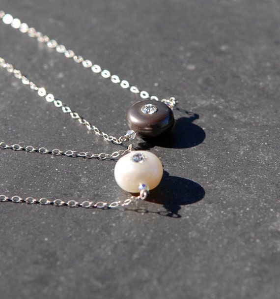 Delicate and Dainty White or Black Pearl and Swarovski Crystal Necklace