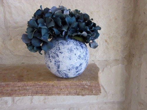 White Vase and Country Blue, Glass and Stucco Handcrafted - CarriageOakCottage