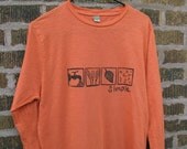 Long Sleeve Beer Tshirt, Lino cut block print, hand dyed, Adult Medium