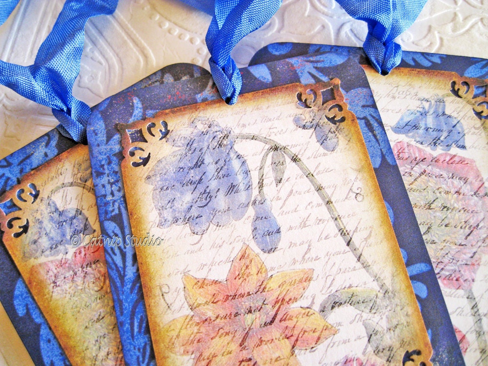 Bluebell Tags Botanical Tags cottage garden indigo blue cream peony tulip buttercup
