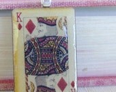 Wooden Charm Pendant Necklace, Playing Cards, King of Diamonds