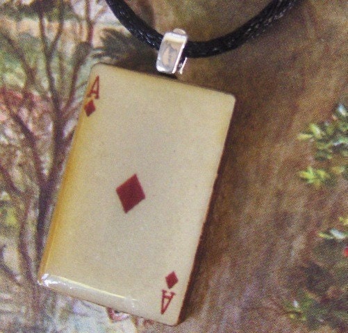 Playing card pendant ,  Ace of Diamonds, Wooden Charm