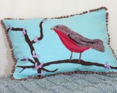 Fiber Folk Art Handmade  -- Robin on Willows Wool Pillow, cushion, accent pillow, bird pillow
