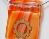 ON SALE Steampunk Bright Orange Fused Glass Pendant w Gear
