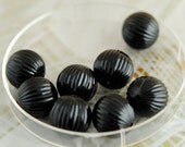Vintage Beads, Lucite,Black Ribbed Round Beads, 15mm, (8)
