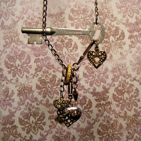 KEY'PER: HEARTS - Steampunk Victorian Assemblage Altered Art Vintage Key Necklace - Valentines Day