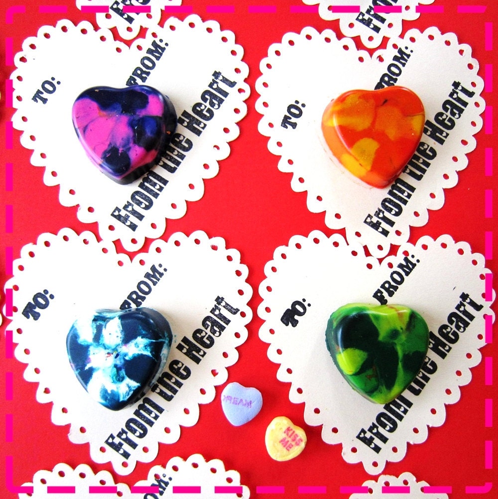 VALENTINE'S CRAYON CLASSROOM Cards Party Pack of (5) Favors - Red, Yellow, Pink, Green, Purple, Orange, Blue, Lime, Black, Etc. Hearts