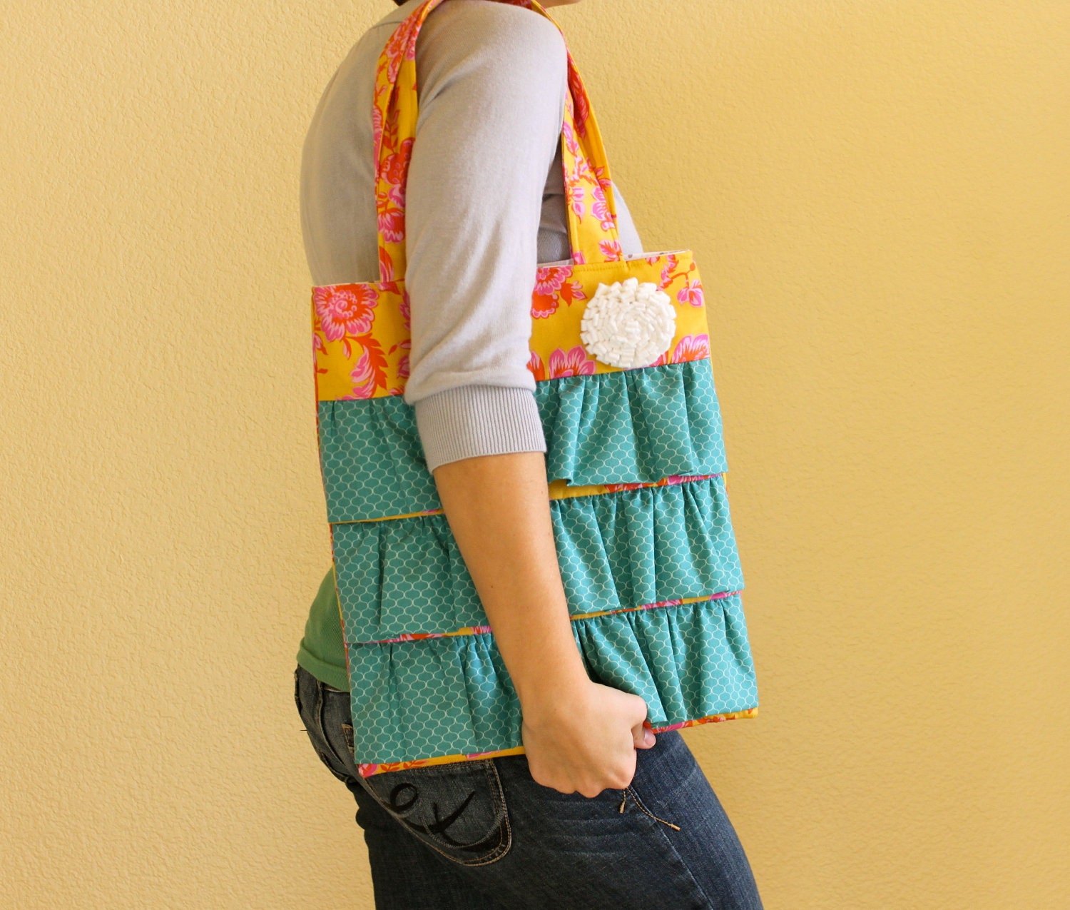New- The Sybil Tote - Papaya Floral/Teal Honeycomb prints